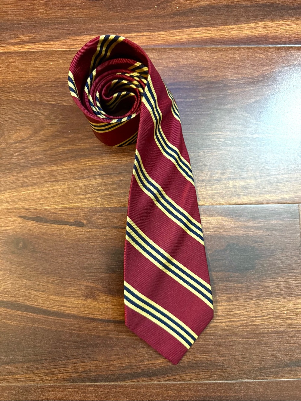 BROOKS BROTHERS Burgundy Silk Tie with Gold and Navy Stripes